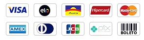 Formas de pagamento aceitas: Visa, Elo, Aura, Hipercard, Mastercard, Amex, Diners Club, JCB, Pix e Boleto